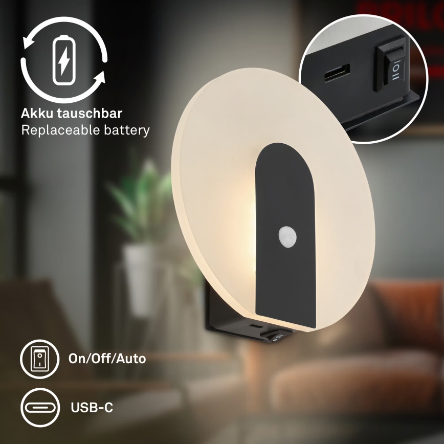 Briloner 3889015 - LED презареждаемо стенено осветително тяло с датчик за движение и здрач TARO LED/2,5W/5V 1800 mAh черно