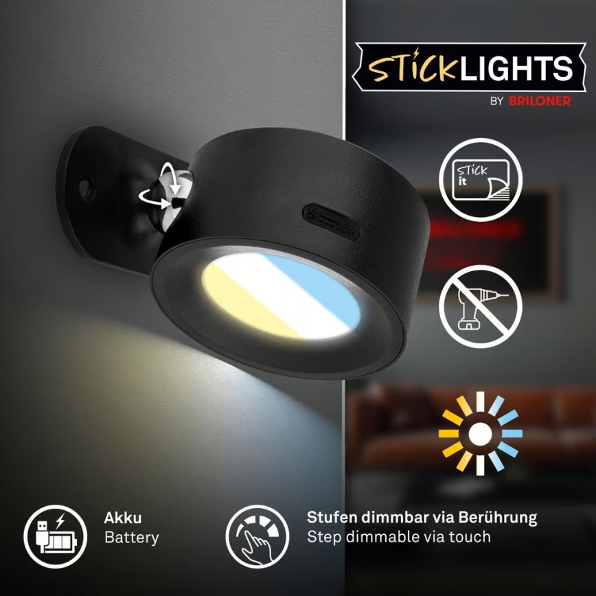 Briloner 3896015 - LED димируемо презареждащо се стенено осветително тяло TARI LED/1,6W/5V 1500 mAh черно