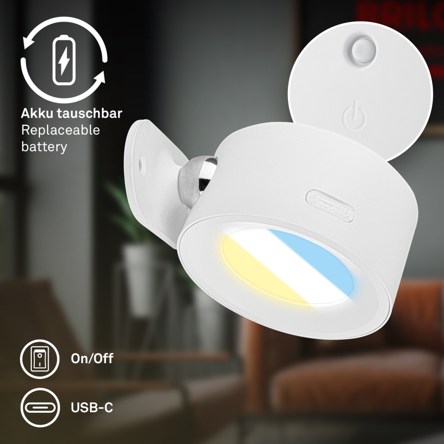 Briloner 3896016 - Димируема презареждаема стенна LED лампа TARI LED/1,6W/5V 1500 mAh бяла