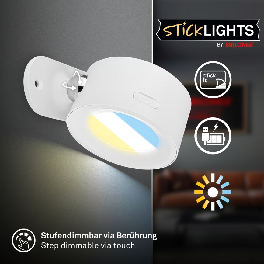 Briloner 3896016 - LED димируема презареждаема стенна лампа TARI LED/1,6W/5V 1500 mAh бяла