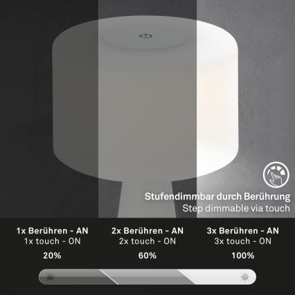 Briloner 7420016 - LED Димируема акумулаторна сензорна екстериорен настолна лампа LED/4W/5V IP44 3000K бял