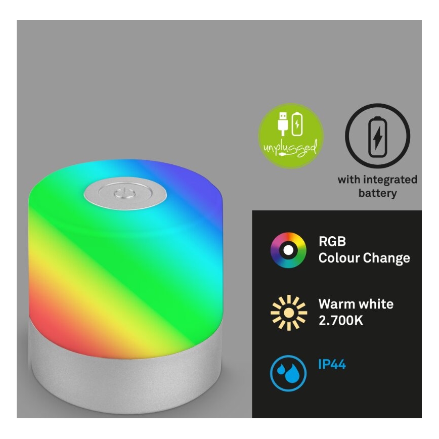Briloner 7462014 - LED RGB Акумулаторен екстериорен настолна лампа LED/1,5W/5V IP44 матов хром