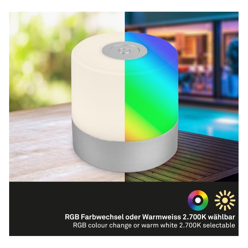 Briloner 7462014 - LED RGB Акумулаторен екстериорен настолна лампа LED/1,5W/5V IP44 матов хром