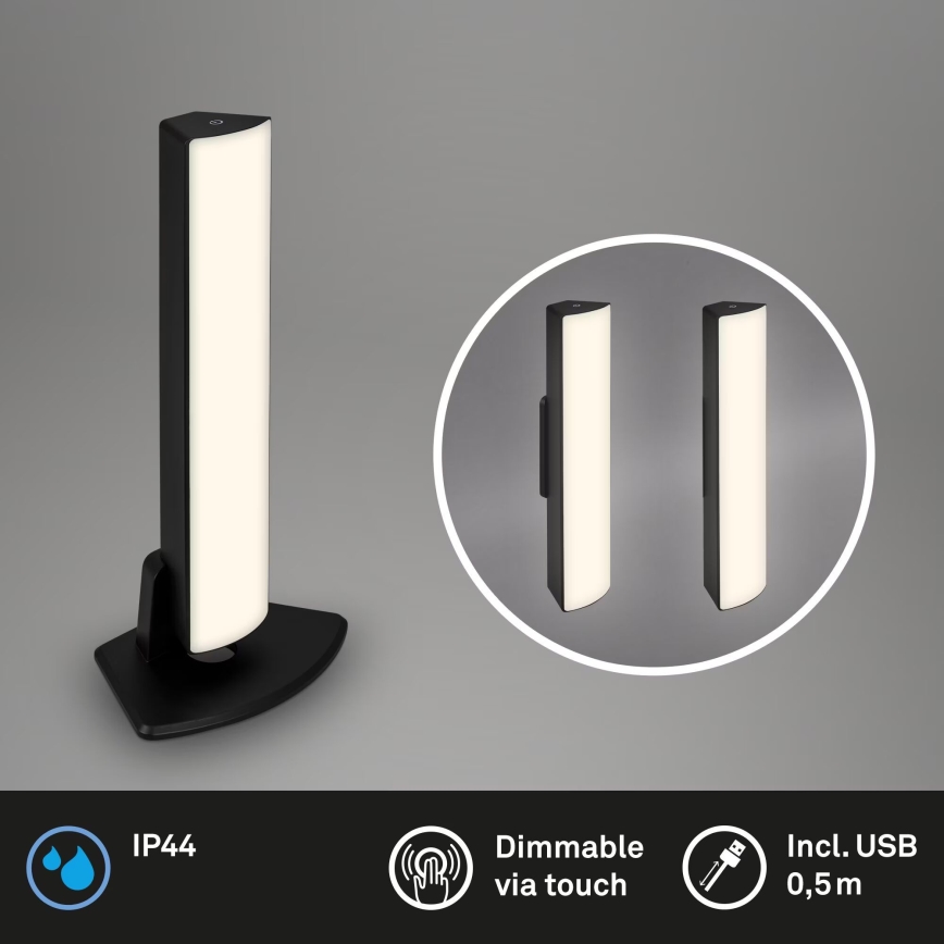 Briloner 7474-015 - LED регулируема докосваема външна настолна лампа 2 в 1 LED/7W/5V 2x2200 mAh USB 3000K IP44 черна
