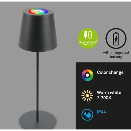 Briloner 7507015 - LED RGB Димируем акумулаторен екстериорен настолна лампа 2в1 LED/2,5W/5V IP44 антрацит
