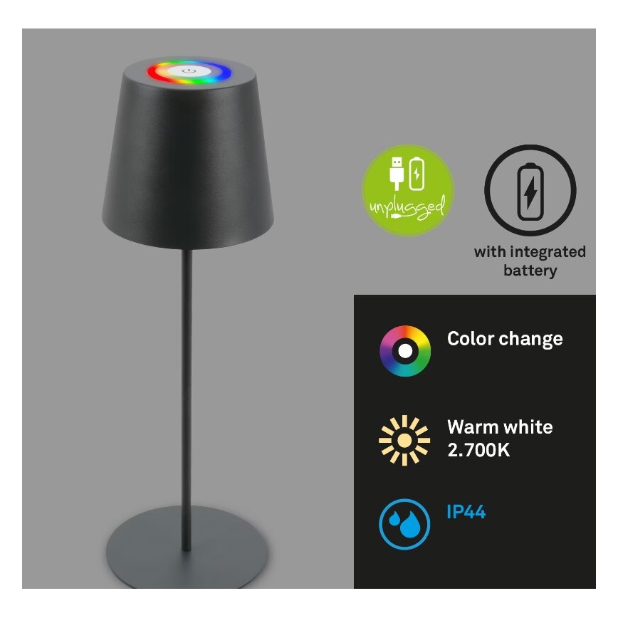 Briloner 7507015 - LED RGB Димируем акумулаторен екстериорен настолна лампа 2в1 LED/2,5W/5V IP44 антрацит