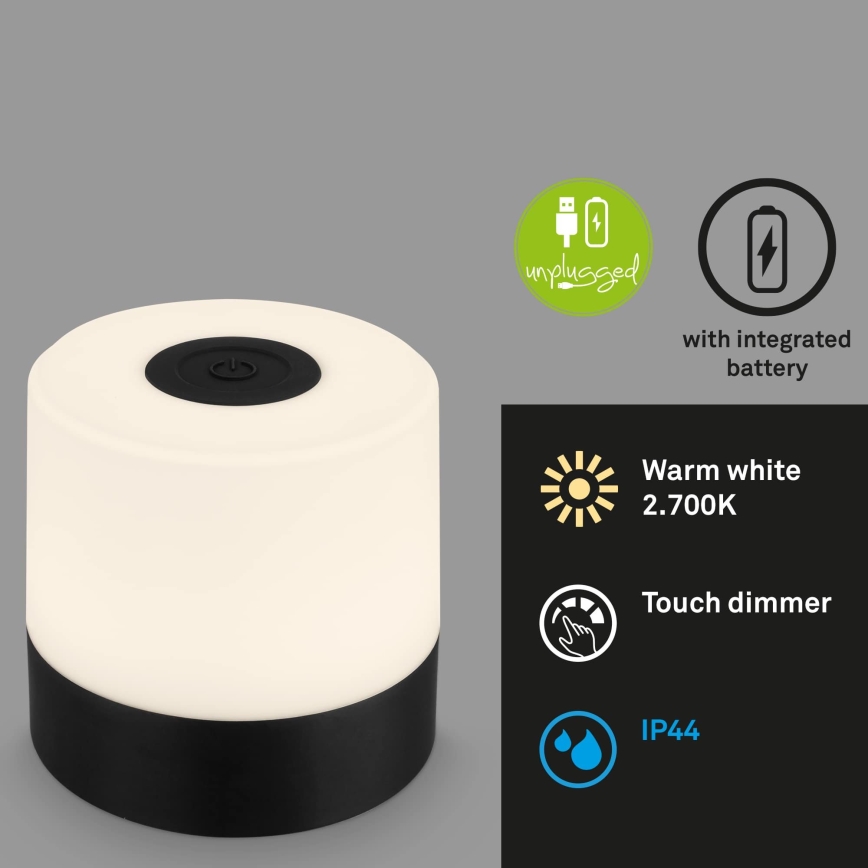 Briloner - LED димируема зареждаема сензорна външна настолна лампа LED/2W/5V 2700K IP44 1200 mAh черна