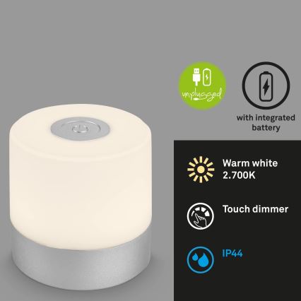 Briloner - LED димируема презареждаема сензорна външна настолна лампа LED/2W/5V 2700K IP44 1200 mAh матов хром