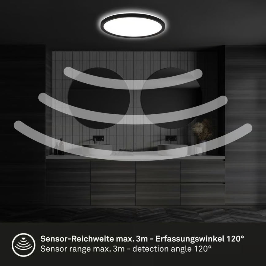 Briloner - LED таванно осветително тяло за баня MOVE с сензор за движение, 18 W/230 V, IP44, Ø 29 см, черно
