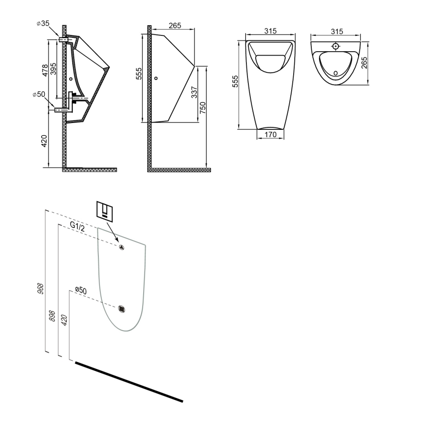 Bruckner - Писоар SCHWARN заден вход, заден отток керамика/матов черен
