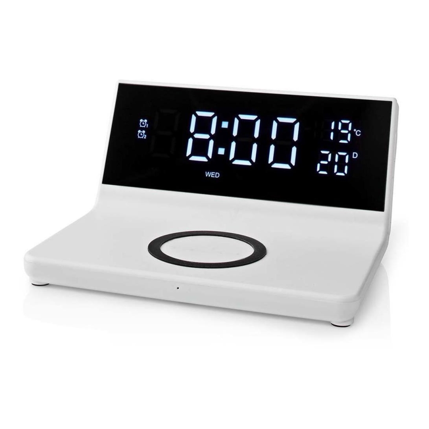 Будилник с LCD дисплей и безжичен зарядно устройство 15W/230V + 1xCR2032 бял