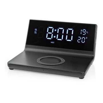 Будилник с LCD дисплей и безжично зарядно 15W/5V + 1xCR2032 черен