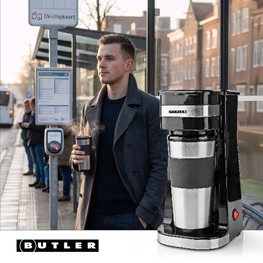 Butler - Кафеварка за една чаша 0,4 л с термо чаша 750W/230V неръждаема стомана/черно