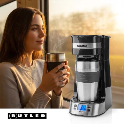 Butler - Кафеварка за една чаша 0,4 l с таймер и термочаша 750W/230V неръждаема стомана/черна