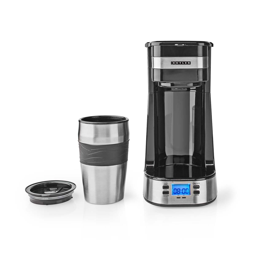 Butler - Кафеварка за една чаша 0,4 l с таймер и термочаша 750W/230V неръждаема стомана/черна