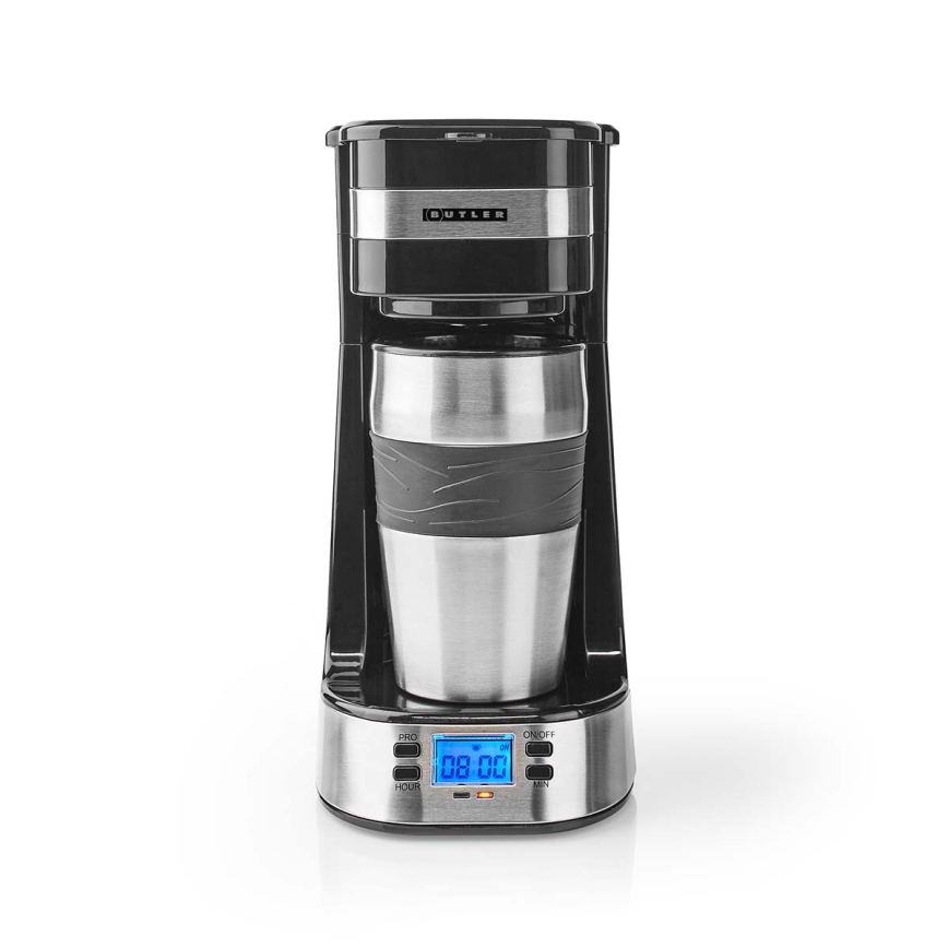Butler - Кафеварка за една чаша 0,4 l с таймер и термочаша 750W/230V неръждаема стомана/черна
