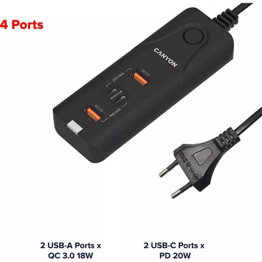 Canyon - Зарядно устройство 2xUSB A + 2xUSB C Power Delivery 20W