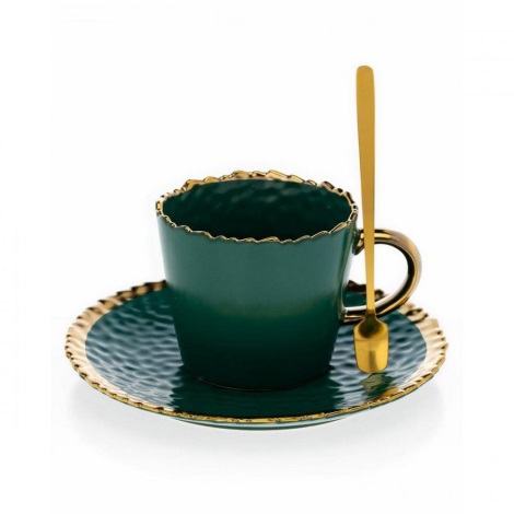 Чаша с чинийка и лъжичка VALIA зелена/златиста