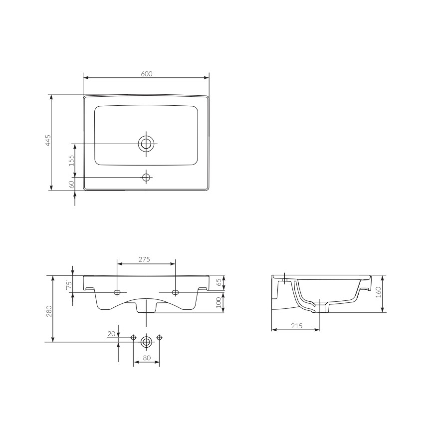 Cersanit K114-006 - Вграден умивалник CREA 44,5x60 см керамика/лъскаво бяло