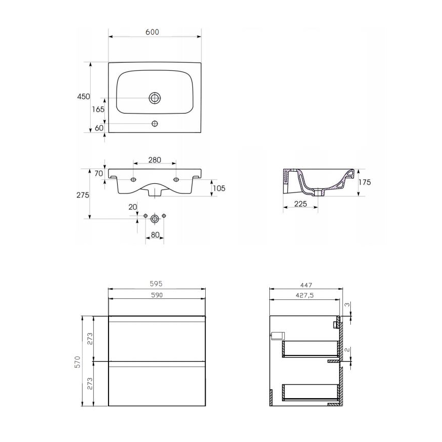 Cersanit S801-223-DSM - Окачено шкафче за баня с мивка MODUO 60x45 cm бял гланц