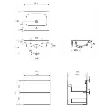 Cersanit S801-223-DSM - Висящ шкаф за баня с мивка MEDDIE 62x60 см, бял гланц