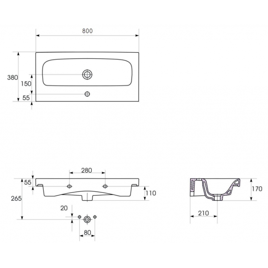 Cersanit S801-225-DSM - Висящ шкаф за баня с мивка MODUO SLIM 80x57x38 см бял гланц