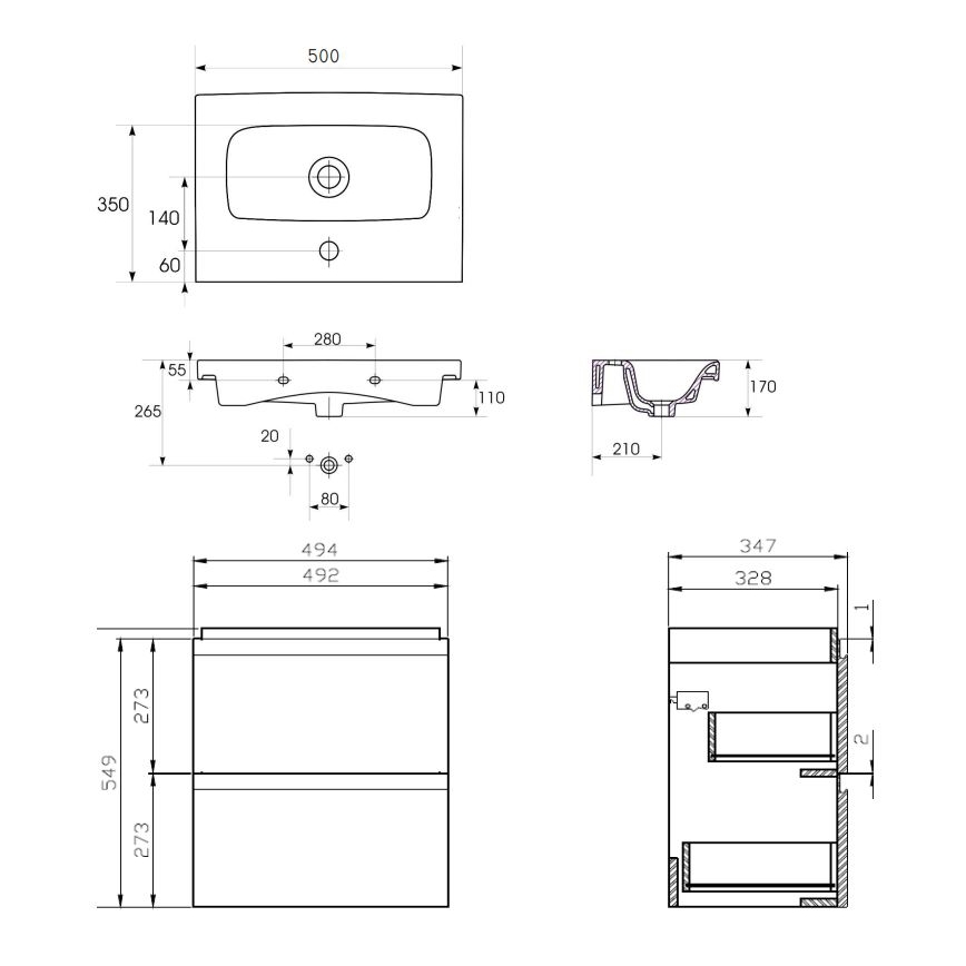 Cersanit S801-229-DSM - Стенен шкаф за баня с мивка MODUO SLIM 50 x 35 см, бял гланц
