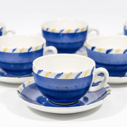 Чаен комплект 6бр. керамични чаши с чинийки син/жълт