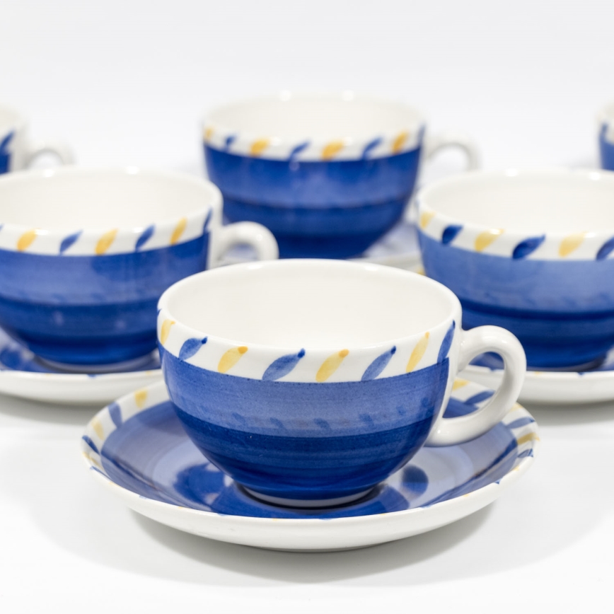 Чаен комплект 6бр. керамични чаши с чинийки син/жълт