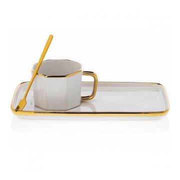 Чаша с чинийка и лъжица SURI кремава/златиста