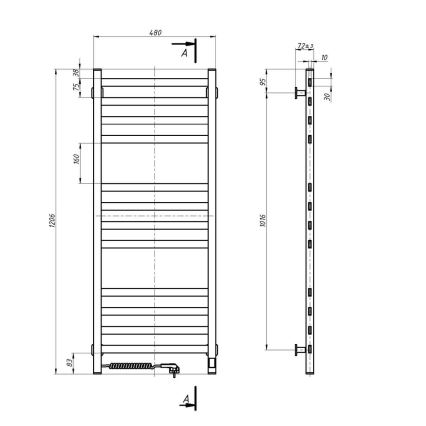 Банен кърпник AVANGARD с термостат 459W/230V 120,6 cm IP44 бял ляв с квадратен профил