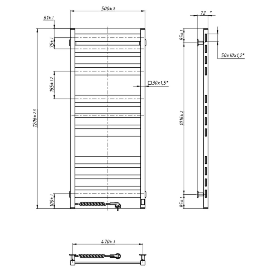 Сушилня за кърпи за баня с термостат LARGO 541W/230V 120,6 cm IP44, черна, лява, правоъгълна