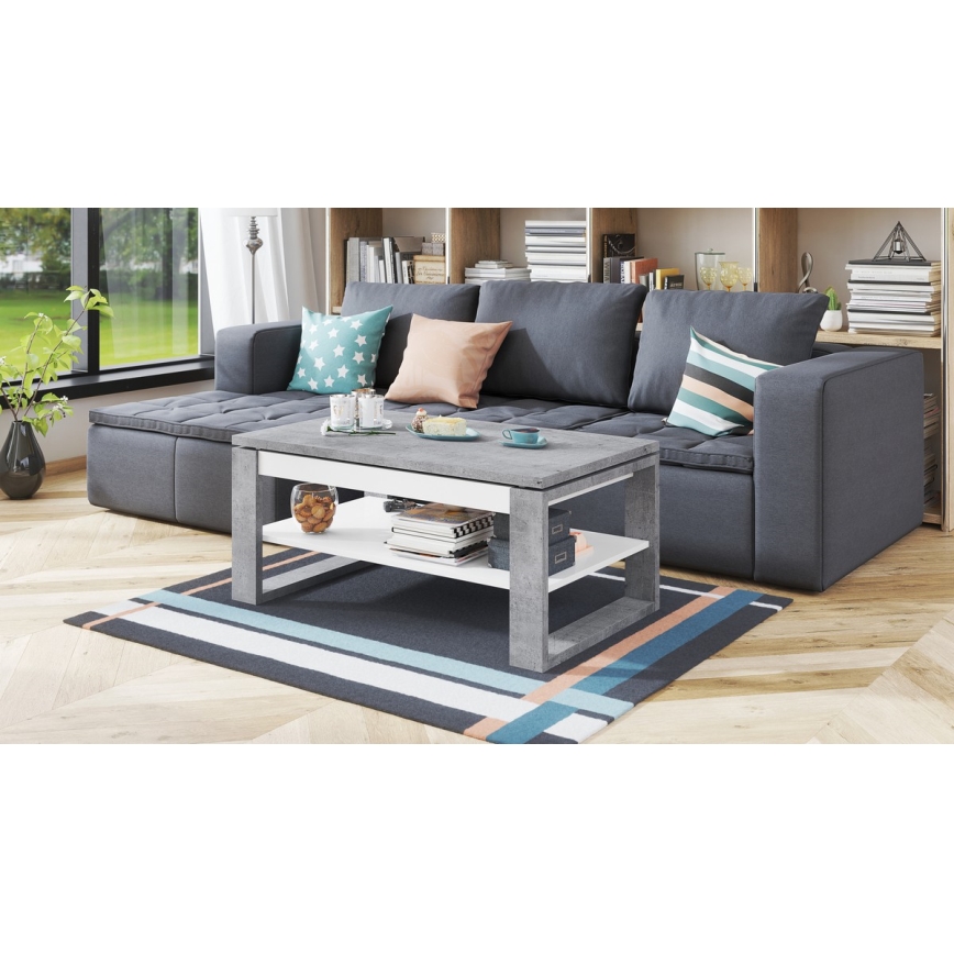 Холна маса с повдигащ плот и полица NEA, бетонен сив/бял