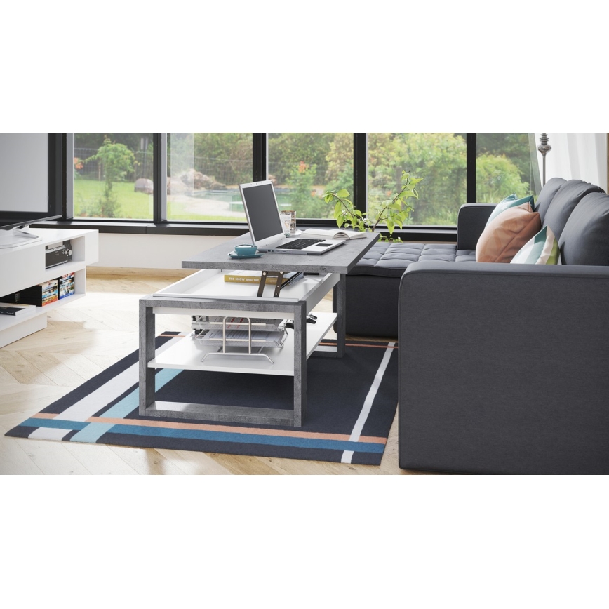 Холна маса с повдигащ плот и полица NEA, бетонен сив/бял