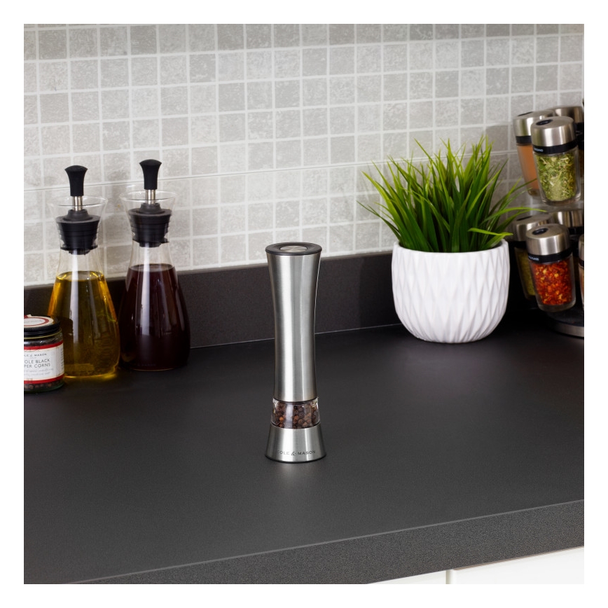Cole&Mason - Електрическа мелница за сол или пипер BURFORD 4xAAA 18 см матов хром