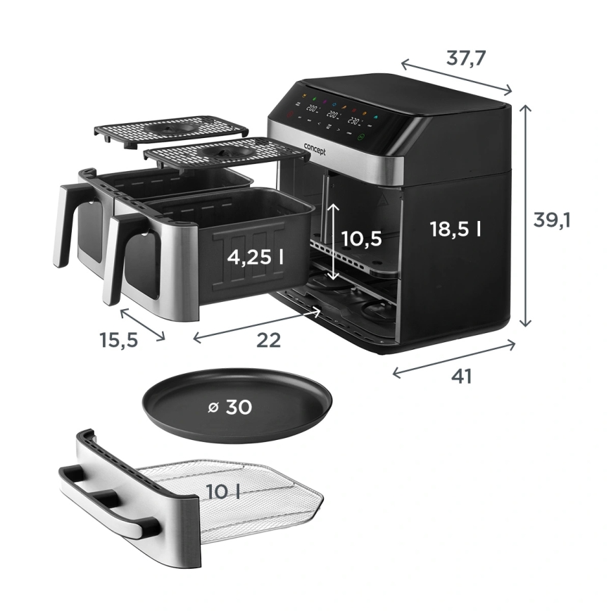 Concept FR9000 - Въздушна фритюрница PIZZA TRIO 18,5 л, 2700 W / 230 V, неръждаема стомана/черна