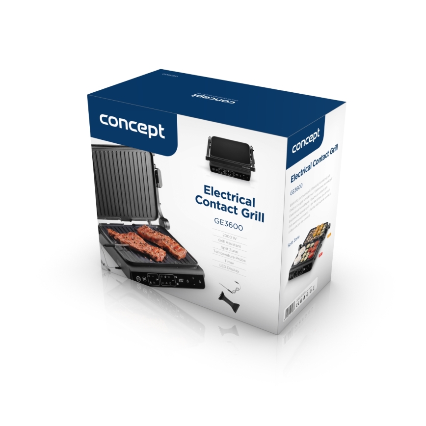 Concept ge3600 - Контактен грил с температурен сензор GLASS 2000W/230V черен