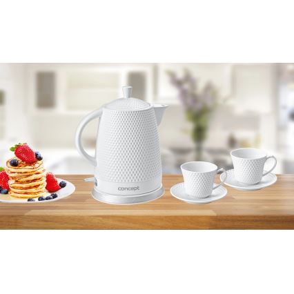 Concept RK0040 - Електрическа кана 1,5 l 1500W/230V бяла/керамична + 2 чаши с чинийки