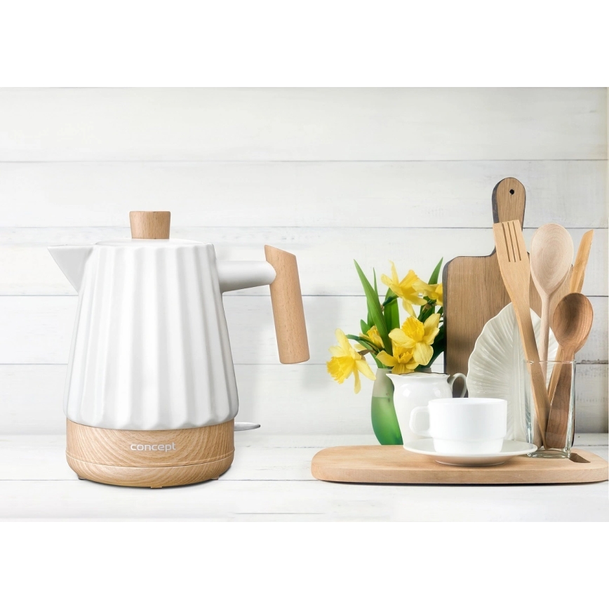 Concept RK0090 - Електрическа кана 1,5 l 1500W/230V бяла/дървесен декор/керамика