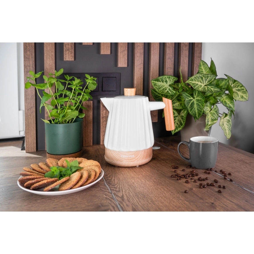 Concept RK0090 - Електрическа кана 1,5 l 1500W/230V бяла/дървесен декор/керамика