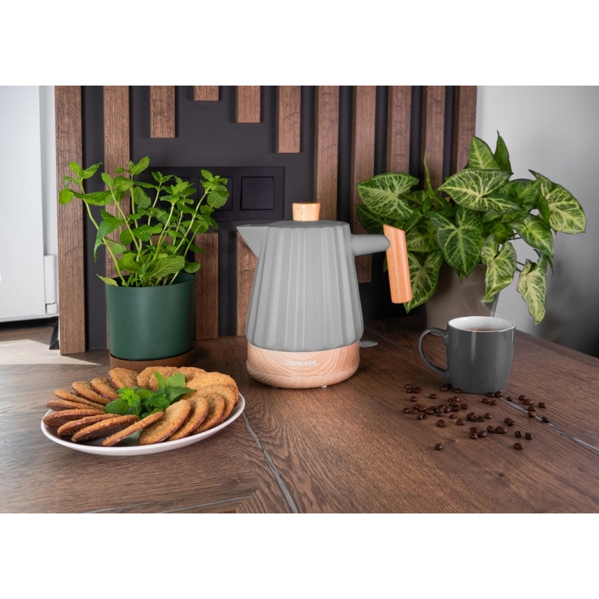 Concept RK0092 - Електрическа кана 1,5 л 1500W/230V тъмно сива/дървесен декор/керамика