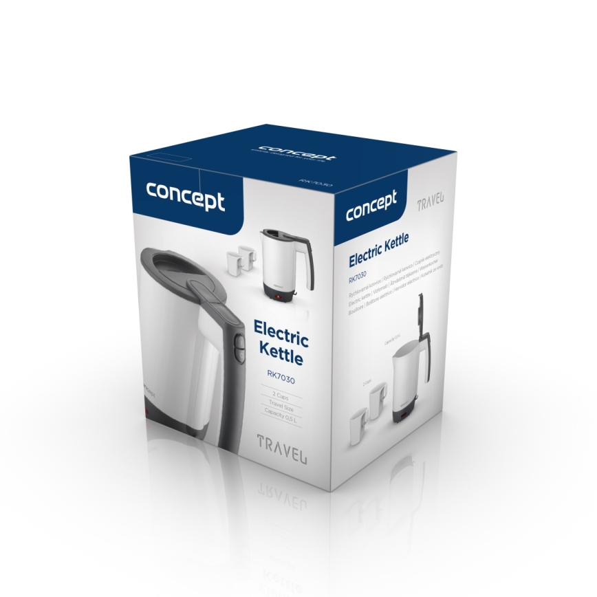 Concept RK7030 - Пътна електрическа кана 0,5 л, 1080 W/230 V, сива/бяла + 2 чаши