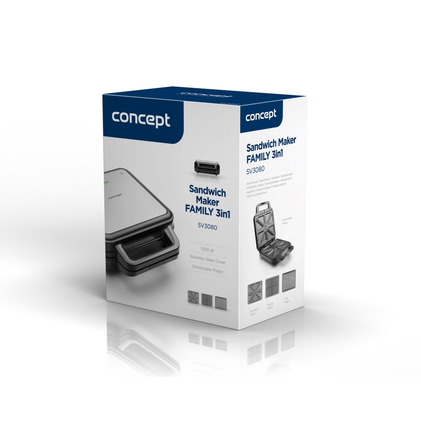 Concept SV3080 - Тостер FAMILY 3 в 1 1200W/230V черен/неръждаема стомана