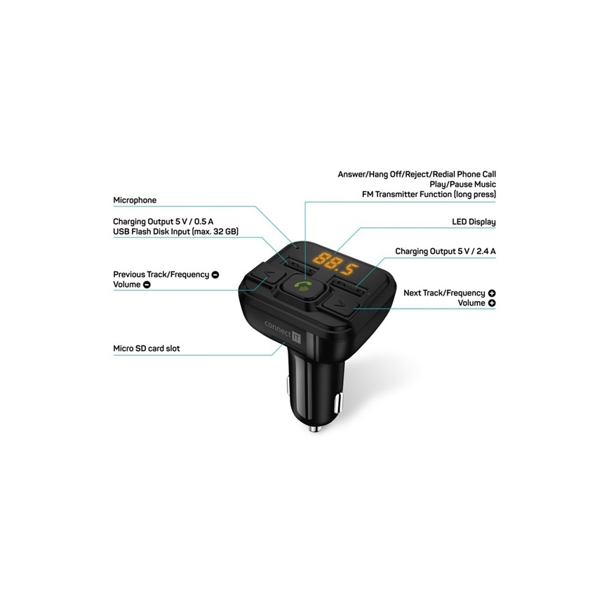 CONNECT IT CCC-8600-BK - FM трансмитер за кола с функция свободни ръце черен