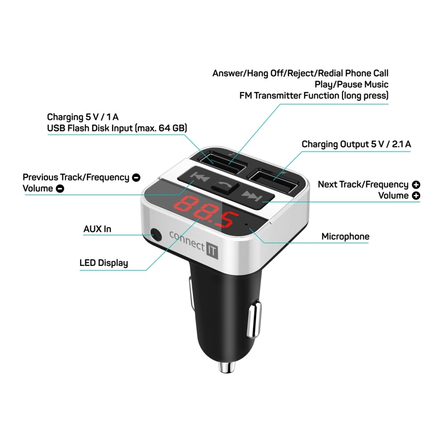 CONNECT IT CCC-8800-SL - FM предавател за кола с функция handsfree, черен/сребрист