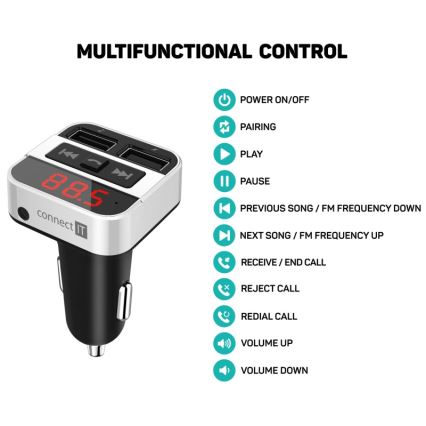 CONNECT IT CCC-8800-SL - FM предавател за кола с функция handsfree, черен/сребрист