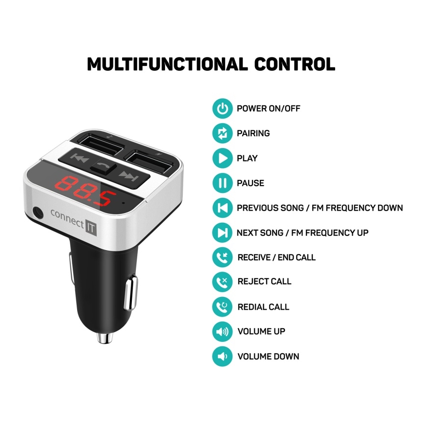 CONNECT IT CCC-8800-SL - FM предавател за кола с функция handsfree, черен/сребрист