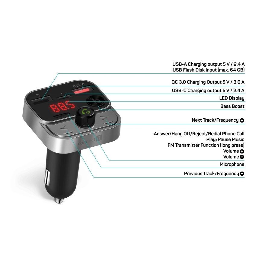 CONNECT IT CCC-8900-AN - FM предавател за кола с функция handsfree, черен/сребрист