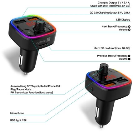 CONNECT IT CCC-9090-BK - LED RGB FM трансмитер за кола с функция свободни ръце черен