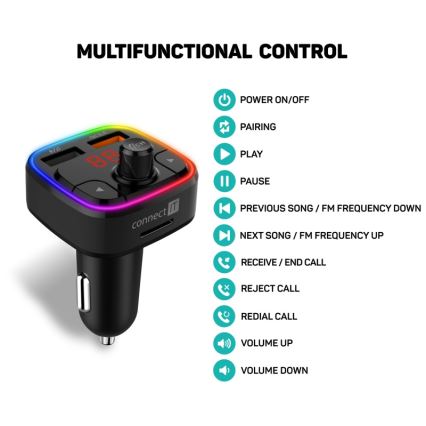 CONNECT IT CCC-9090-BK - LED RGB FM трансмитер за кола с функция свободни ръце черен